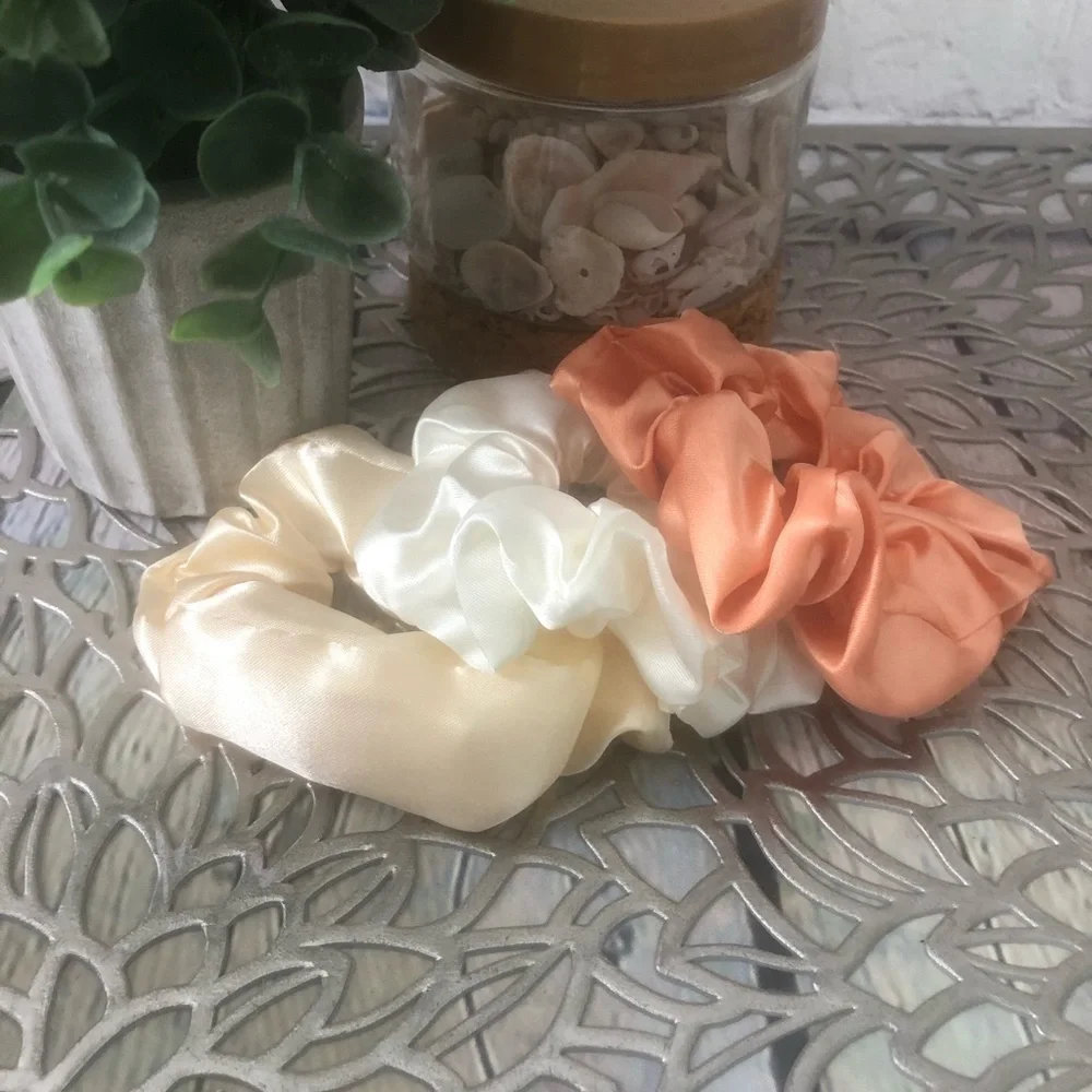 3 New Silk Scrunchies White, Creme, Peach colors